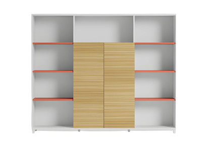 Armadio da ufficio con ripiani in legno e accenti arancioni elegante