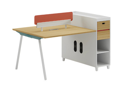Scrivania in legno con schienale, spazio di archiviazione e ripiani, design moderno