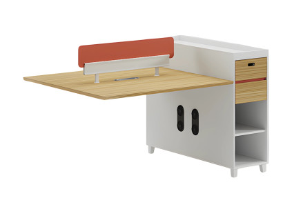Scrivania in legno con schienale, spazio di archiviazione e ripiani, design moderno