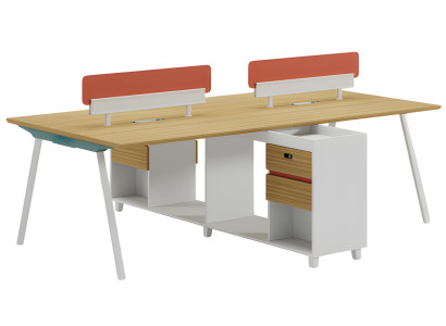 Scrivania in legno con schienale, spazio di archiviazione e ripiani, design moderno