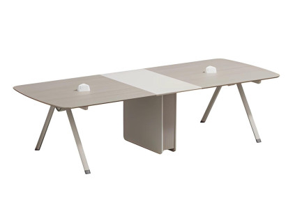 Tavolo conferenze modulare beige con presa integrata e design moderno