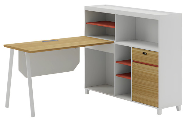 Scrivania angolare moderna effetto legno bianco naturale con spazio di archiviazione e ripiani arancioni