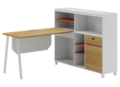 Scrivania angolare moderna effetto legno bianco naturale con spazio di archiviazione e ripiani arancioni