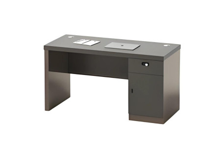 Scrivania da lavoro nera dal look moderno con spazio di archiviazione, serratura e canaline per cavi