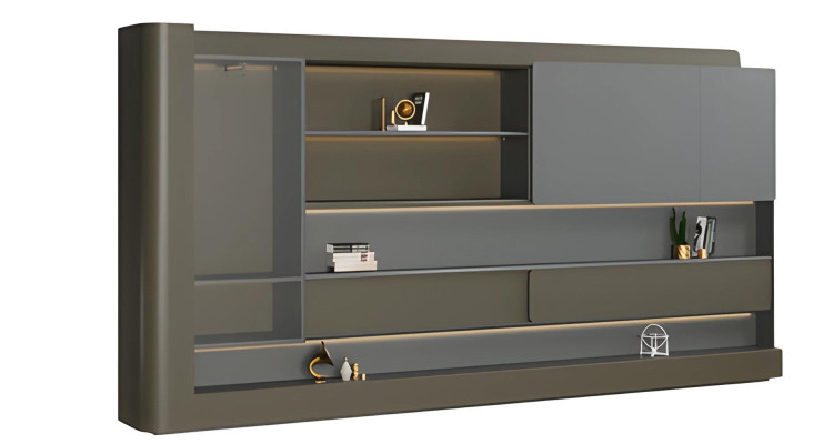 Armadio da ufficio moderno nero grigio con illuminazione LED e spazio di archiviazione