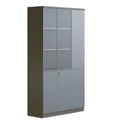 Armadio da ufficio moderno grigio con porte in vetro, chiudibile a chiave, spazio di archiviazione alto