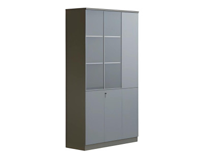 Armadio da ufficio moderno grigio con porte in vetro, chiudibile a chiave, spazio di archiviazione alto