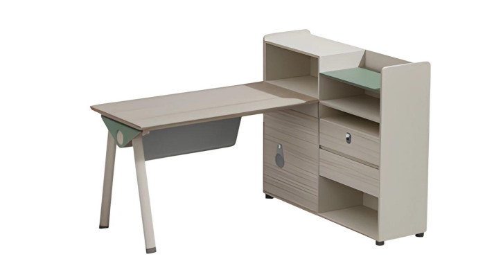 Scrivania moderna beige grigia con spazio di archiviazione, ripiano, cassetti e serratura in vetro