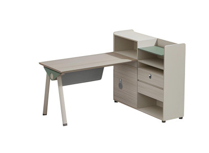 Scrivania moderna beige grigia con spazio di archiviazione, ripiano, cassetti e serratura in vetro