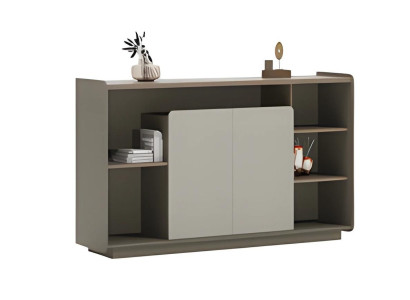 Elegante credenza in beige-grigio con moderne mensole e scomparti chiusi