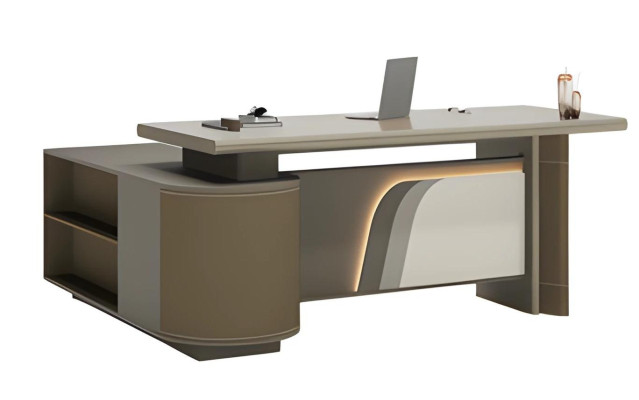Scrivania moderna marrone e beige con illuminazione LED per ufficio e home office
