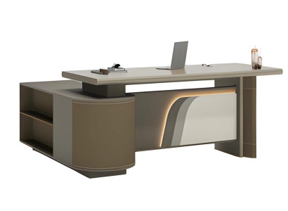 Scrivania moderna marrone e beige con illuminazione LED per ufficio e home office