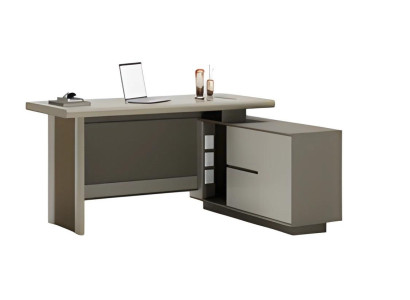 Scrivania grigia e beige con cassetti e scomparti per l'organizzazione dell'ufficio