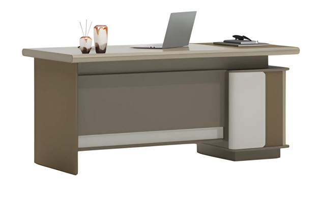 Scrivania beige e grigia con cassetti e ripiano per design e ordine dell'ufficio