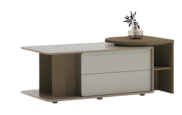Tavolino da caffè moderno beige e marrone con ripiano e cassetti per soggiorno