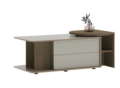 Tavolino da caffè moderno beige e marrone con ripiano e cassetti per soggiorno