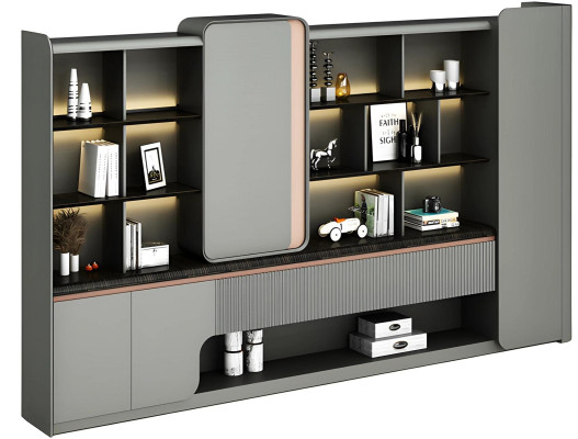 Armadio da ufficio moderno con ripiani aperti, illuminazione a LED, eleganza semplice, design grigio