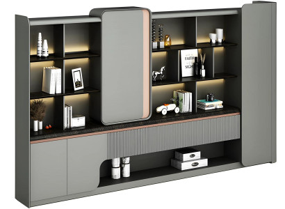 Armadio da ufficio moderno con ripiani aperti, illuminazione a LED, eleganza semplice, design grigio