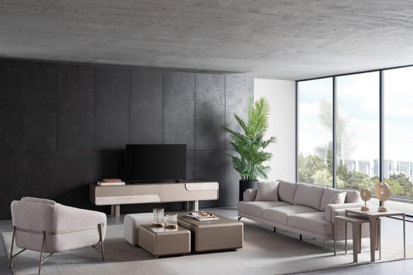 Set di mobili per soggiorno con rivestimento in tessuto beige moderno e stiloso