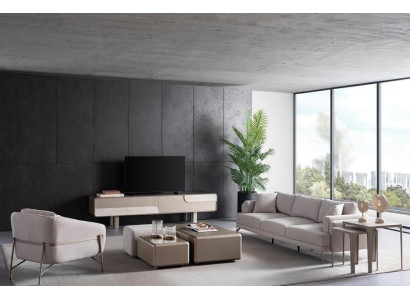 Set di mobili per soggiorno con rivestimento in tessuto beige moderno e stiloso