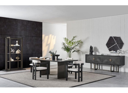 Elegante tavolo da pranzo in legno marrone con 4 sedie, consolle