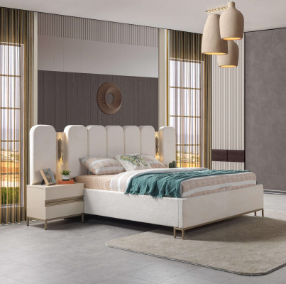 Letto imbottito moderno per camera da letto con 2 comodini set 3 pezzi