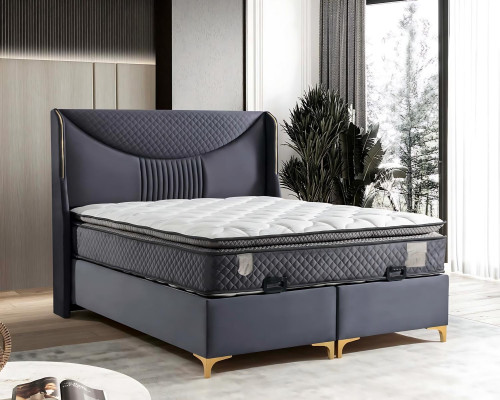Letto moderno grigio con materasso in tessuto e legno