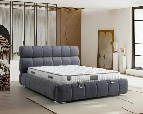 Letto moderno blu con materasso in tessuto e legno