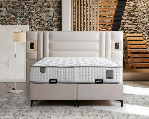 Elegante letto bianco con materasso in tessuto e legno