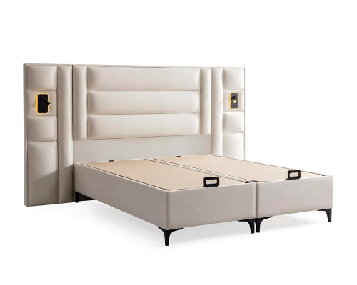 Elegante letto bianco con materasso in tessuto e legno