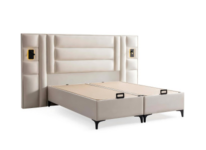 Elegante letto bianco con materasso in tessuto e legno