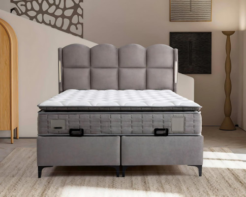 Letto grigio con materasso in tessuto e legno, design moderno