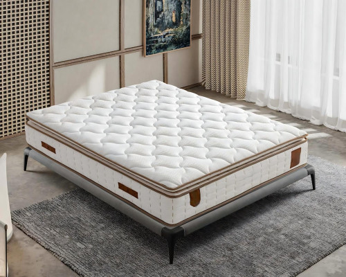 Letto grigio con materasso in tessuto e legno, design moderno