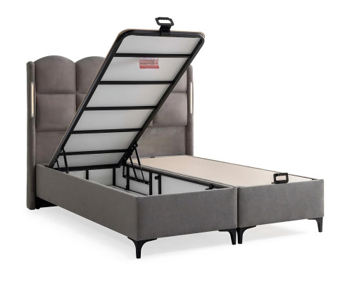 Letto grigio con materasso in tessuto e legno, design moderno