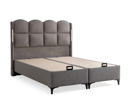 Letto grigio con materasso in tessuto e legno, design moderno