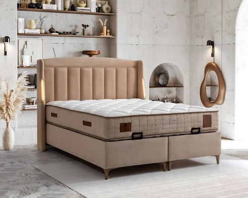 Elegante letto marrone con materasso in tessuto e legno