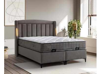 Elegante letto grigio con materasso in tessuto e legno