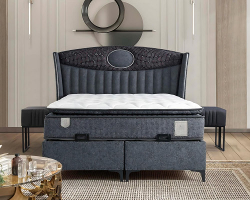 Elegante letto grigio con materasso in tessuto e legno