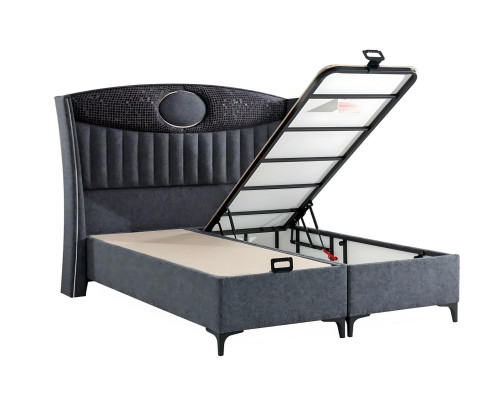 Elegante letto grigio con materasso in tessuto e legno