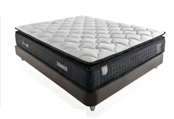 Elegante letto grigio con materasso in tessuto e legno