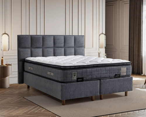 Letto moderno grigio con materasso in tessuto e legno