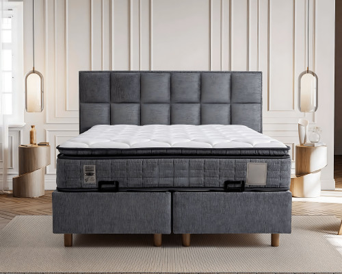 Letto moderno grigio con materasso in tessuto e legno