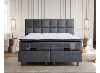 Letto moderno grigio con materasso in tessuto e legno