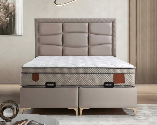 Elegante letto beige con materasso in tessuto e legno