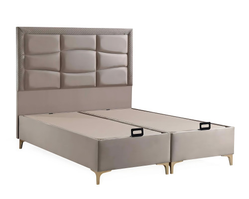 Elegante letto beige con materasso in tessuto e legno