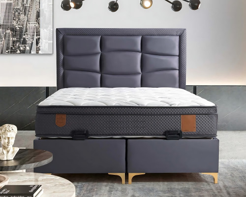 Letto moderno grigio con materasso in tessuto e legno