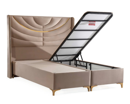 Elegante letto beige con materasso in tessuto e legno