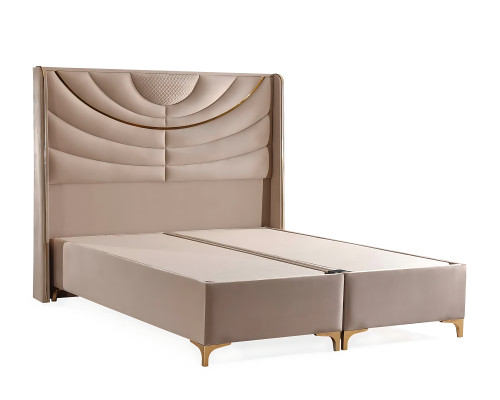 Elegante letto beige con materasso in tessuto e legno