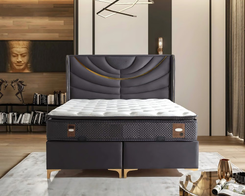 Elegante letto grigio con materasso in tessuto e legno