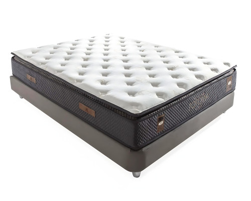 Elegante letto grigio con materasso in tessuto e legno